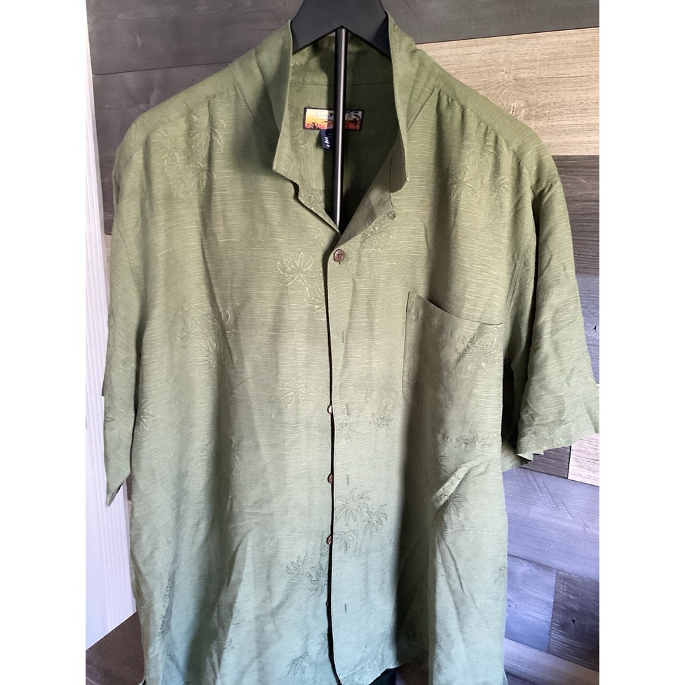 Havana Jack's Cafe Embossed Silk Camp Shirt Size XXL Green Button Front Coastal
